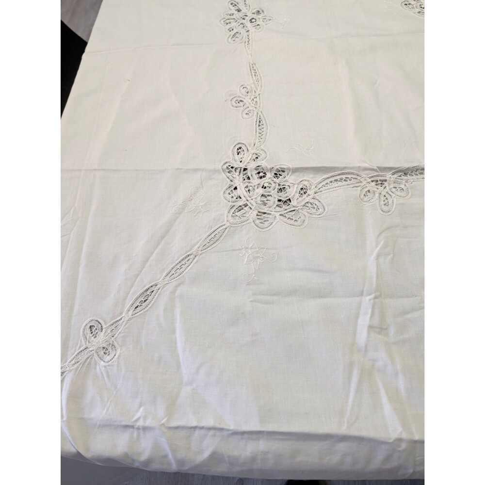 Vintage Battenburg Lace Tablecloth White 72x54" 12 Napkins Hand Embroidered Flaw